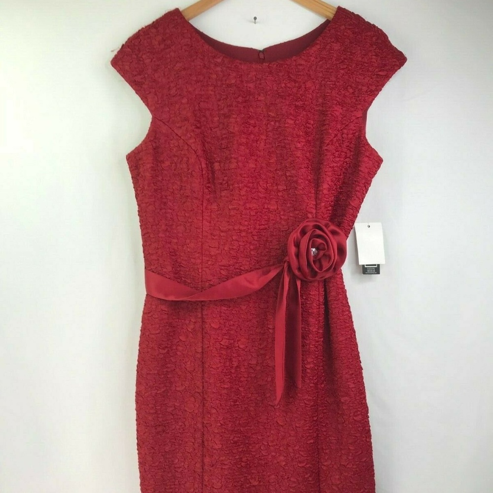 New Alex Evenings Textured Red Dress Rose Belted